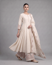 Off White Embroidered Ethnic Kurta Set with Dupatta