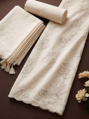 Off White Ivory Mulmul Cotton Dress Material with Embroidered Details