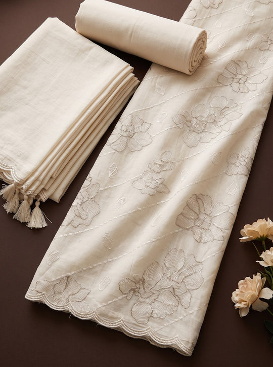 Off White Ivory Mulmul Cotton Dress Material with Embroidered Details