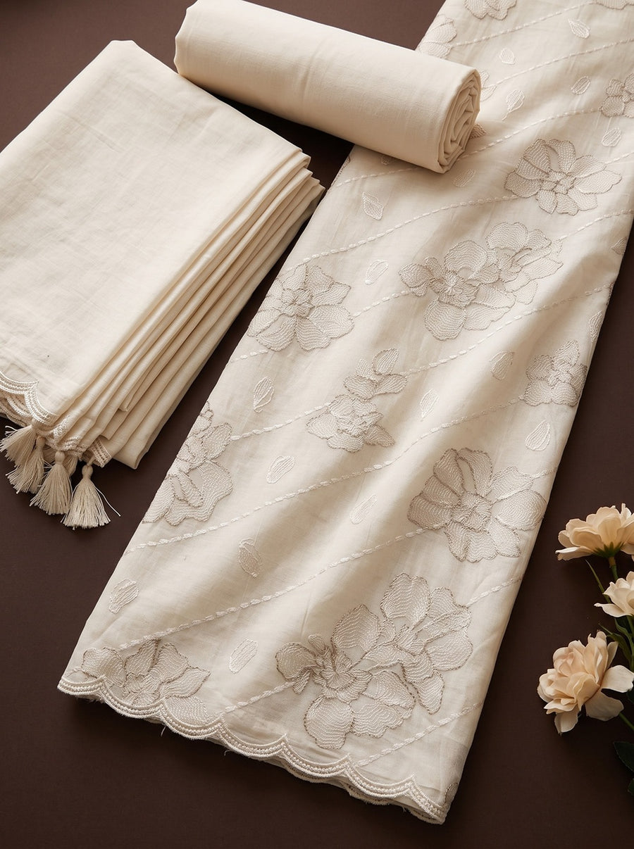 Off White Ivory Mulmul Cotton Dress Material with Embroidered Details