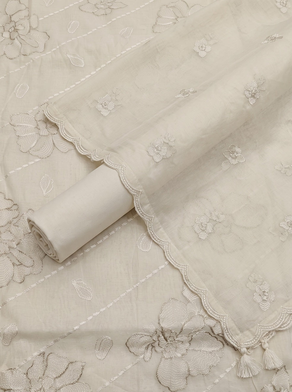 Off White Ivory Mulmul Cotton Dress Material with Embroidered Details