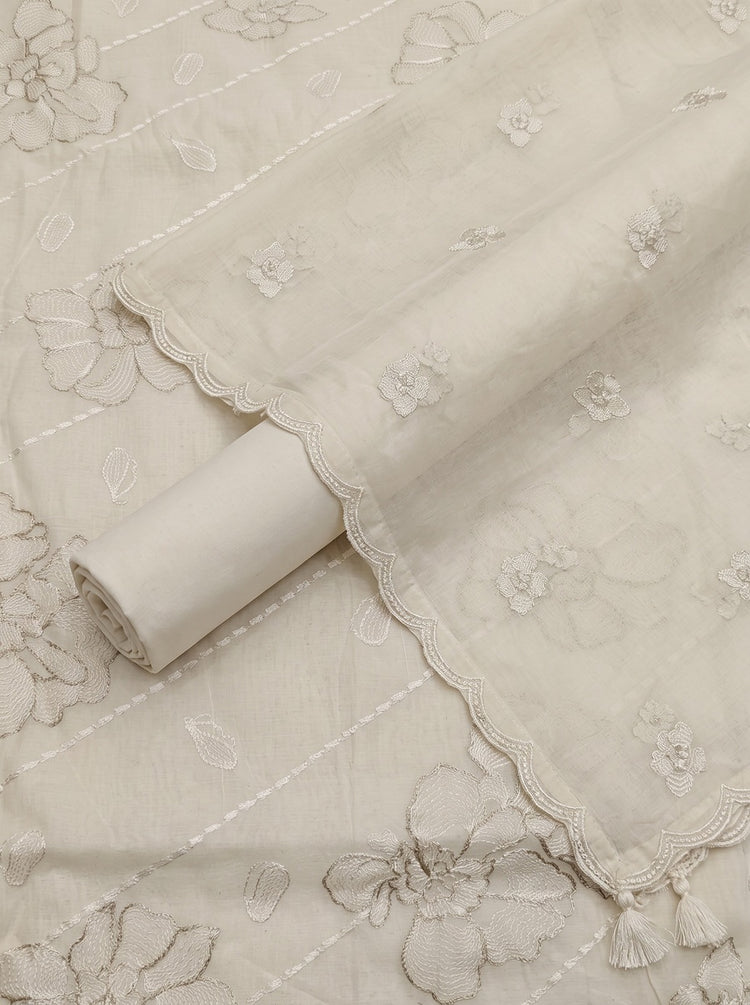 Off White Ivory Mulmul Cotton Dress Material with Embroidered Details