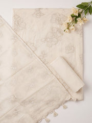 Off White Ivory Mulmul Cotton Dress Material with Embroidered Details