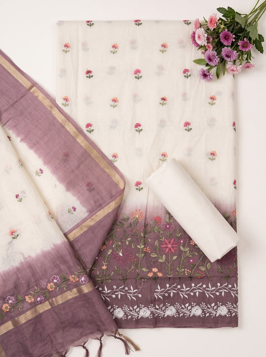 Off White Mulmul Cotton Tie Dyed Dress Material with Embroidered Details