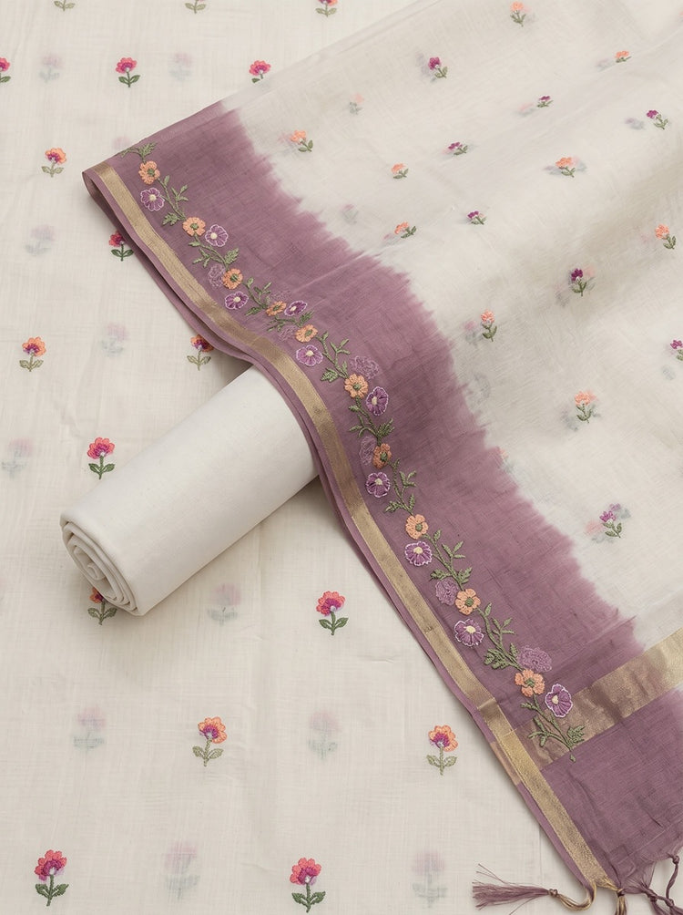 Off White Mulmul Cotton Tie Dyed Dress Material with Embroidered Details