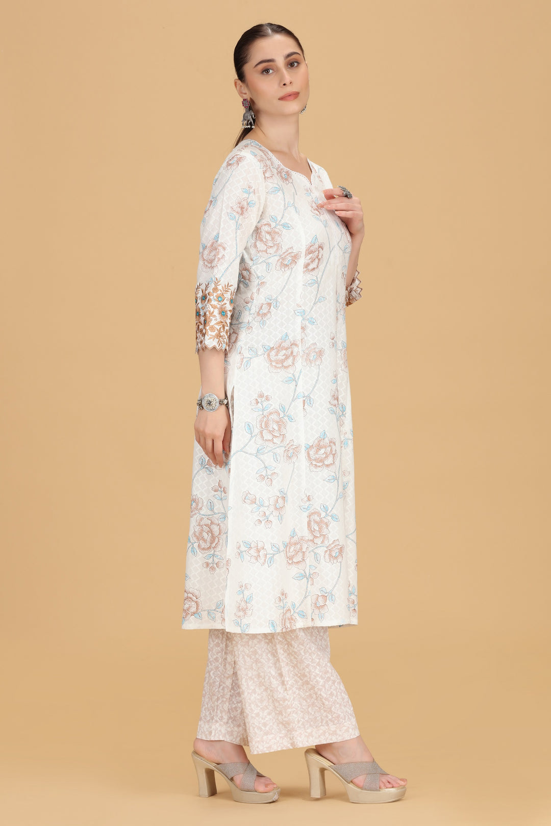 Off White & Beige Cotton Flex Embroidered Straight Kurta Pant Co ord Set