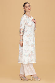 Off White & Beige Cotton Flex Embroidered Straight Kurta Pant Co ord Set