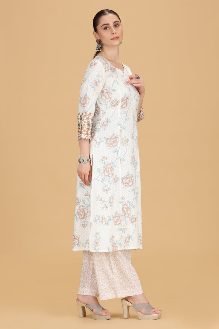 Off White & Beige Cotton Flex Embroidered Straight Kurta Pant Co ord Set
