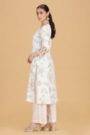Off White & Beige Cotton Flex Embroidered Straight Kurta Pant Co ord Set