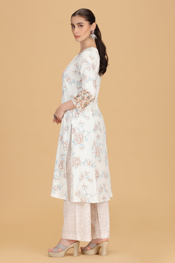 Off White & Beige Cotton Flex Embroidered Straight Kurta Pant Co ord Set