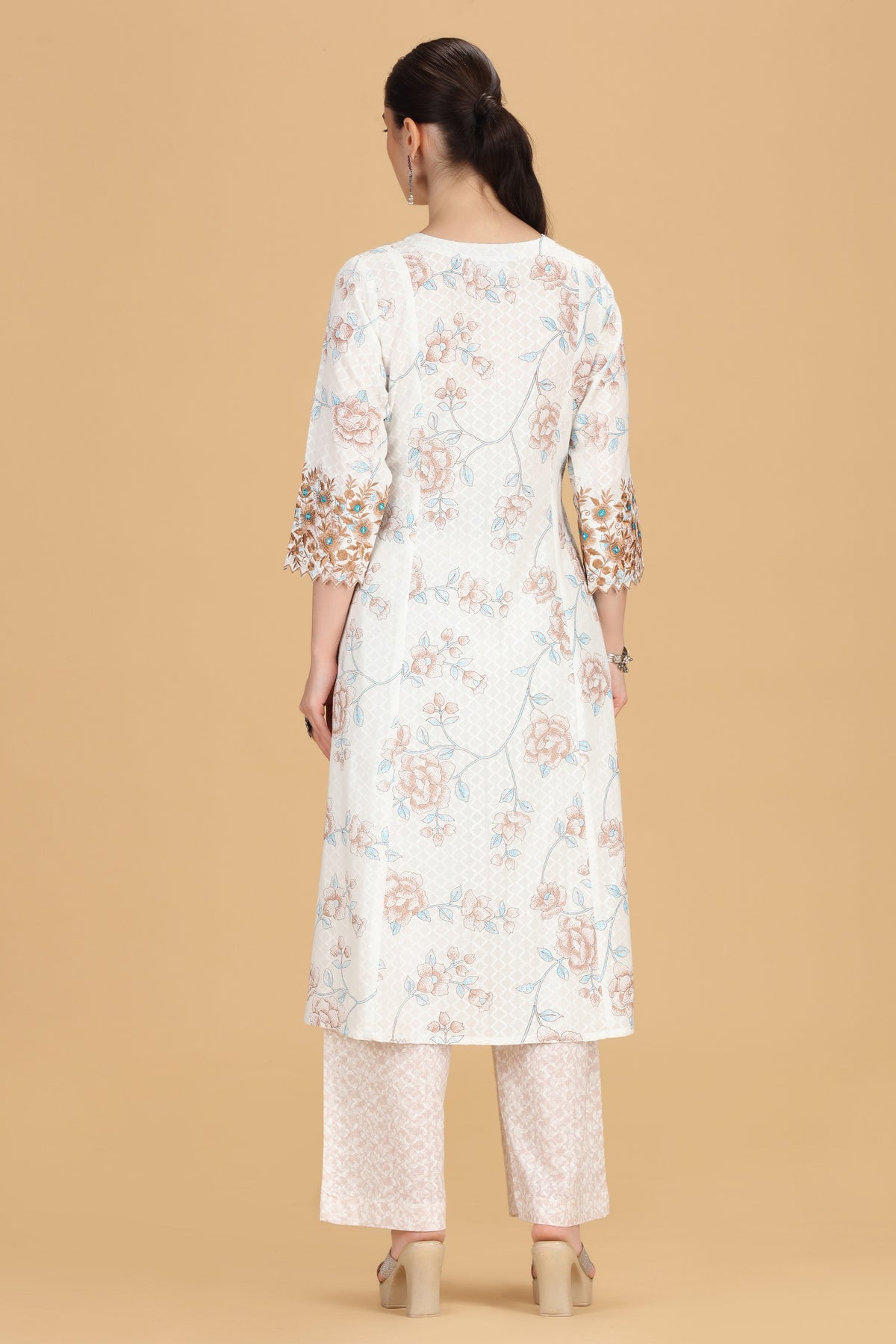Off White & Beige Cotton Flex Embroidered Straight Kurta Pant Co ord Set