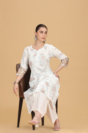 Off White & Beige Cotton Flex Embroidered Straight Kurta Pant Co ord Set