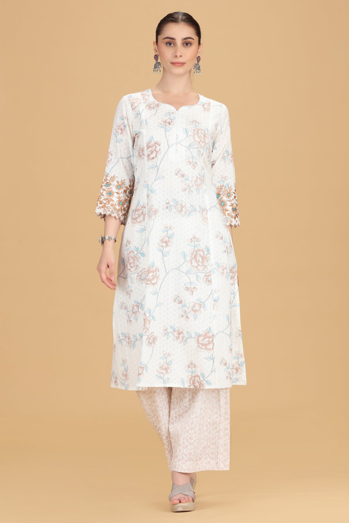 Off White & Beige Cotton Flex Embroidered Straight Kurta Pant Co ord Set