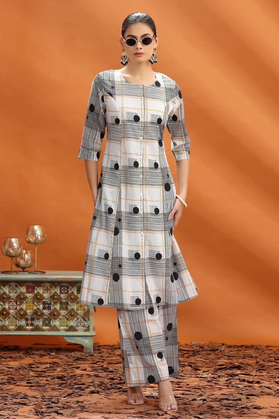 Off White & Black Jaipuri Cotton Printed A Line Kurta and Pant Set