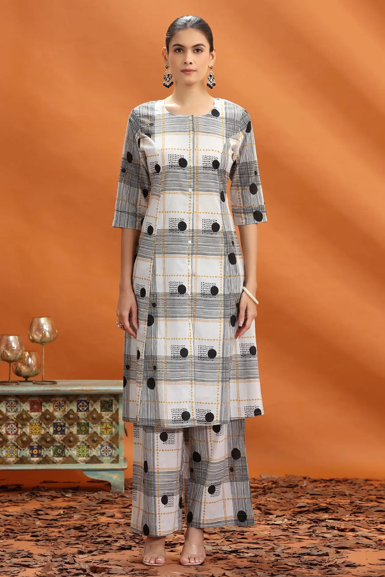 Off White & Black Jaipuri Cotton Printed A Line Kurta and Pant Set for women 