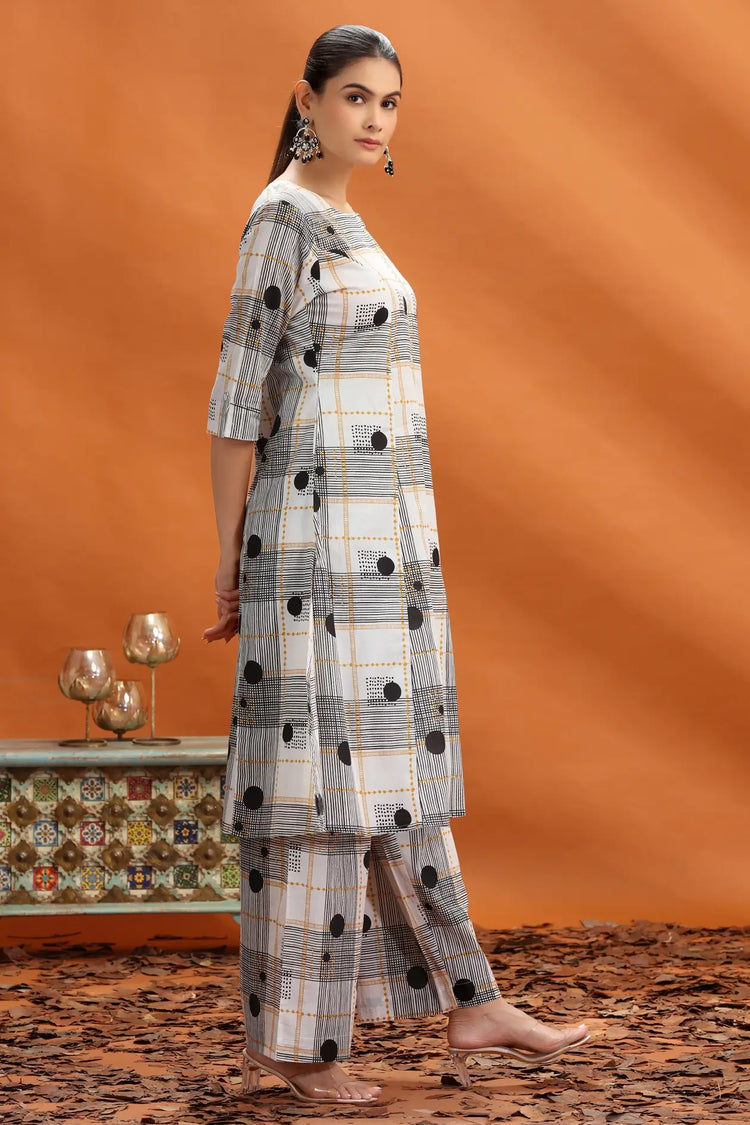 Off White & Black Jaipuri Cotton Printed A Line Kurta and Pant Set for women 
