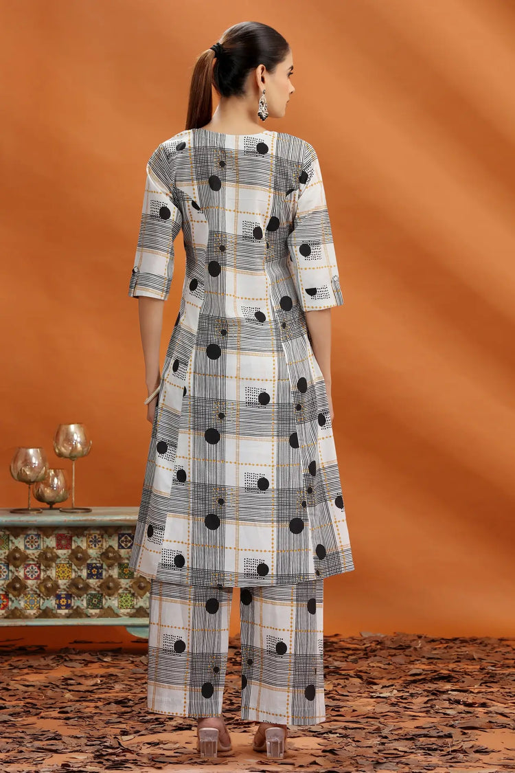 Off White & Black Jaipuri Cotton Printed A Line Kurta and Pant Set for women 