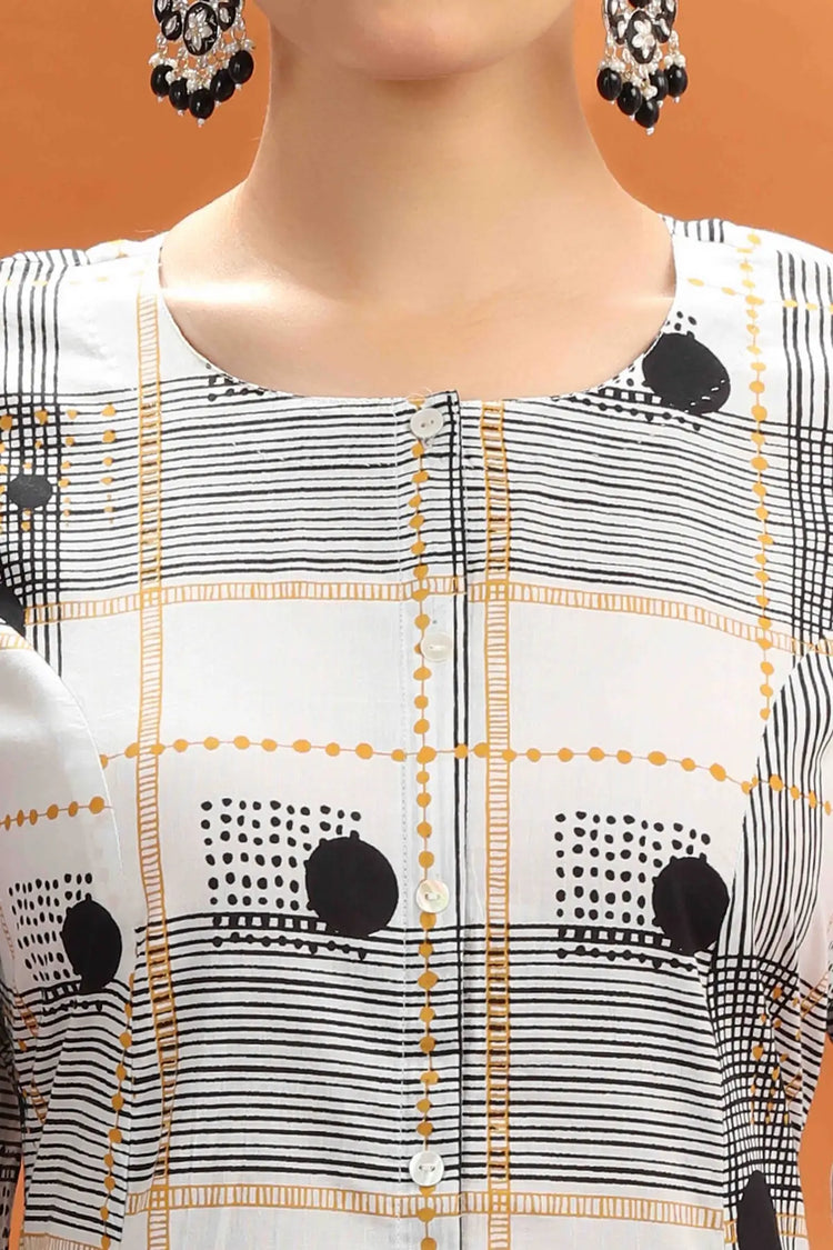 Off White & Black Jaipuri Cotton Printed A Line Kurta and Pant Set for women 