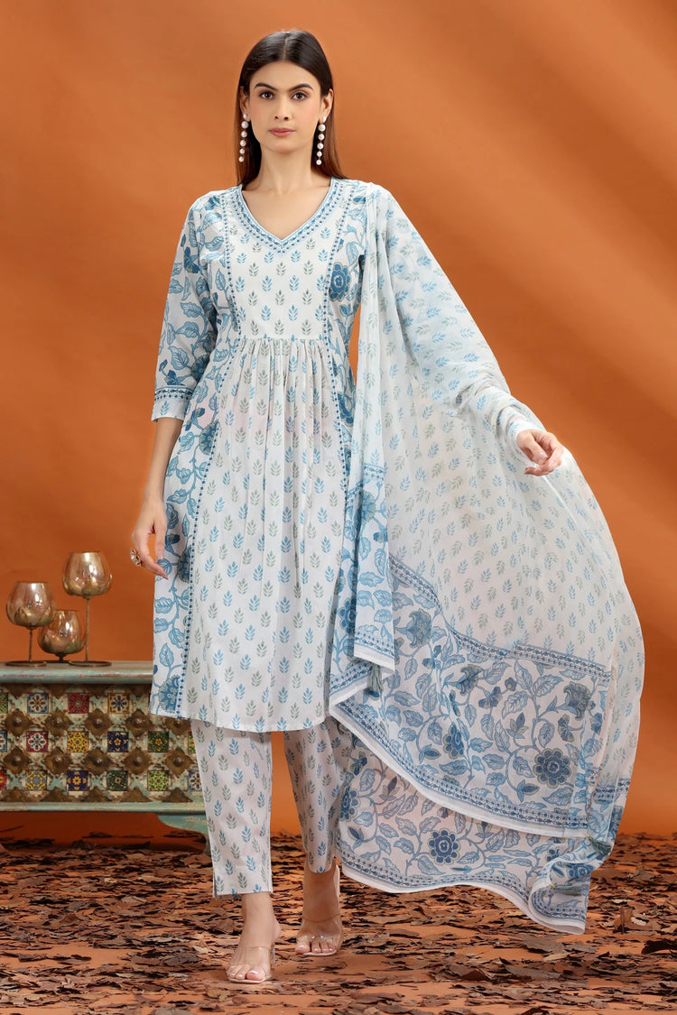 Off White & Blue Jaipuri Cotton A Line Printed Kurta Pant and Dupatta Set for Women and Girls