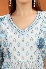 Off White & Blue Jaipuri Cotton A Line Printed Kurta Pant and Dupatta Set for Women and Girls
