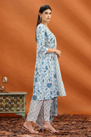 Off White & Blue Jaipuri Cotton A Line Printed Kurta Pant and Dupatta Set for Women and Girls