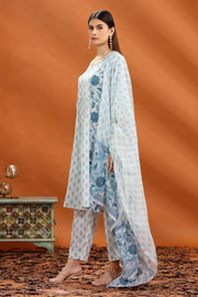 Off White & Blue Jaipuri Cotton A Line Printed Kurta Pant and Dupatta Set for Women and Girls
