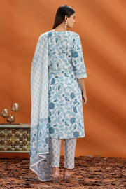 Off White & Blue Jaipuri Cotton A Line Printed Kurta Pant and Dupatta Set for Women and Girls