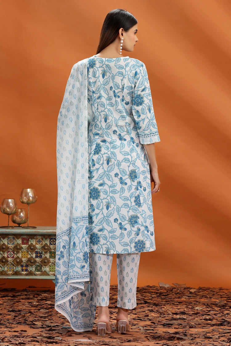 Off White & Blue Jaipuri Cotton A Line Printed Kurta Pant and Dupatta Set for Women and Girls