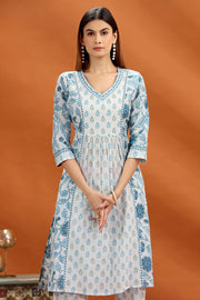 Off White & Blue Jaipuri Cotton A Line Printed Kurta Pant and Dupatta Set for Women and Girls