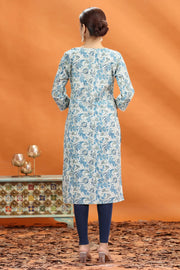 Off White & Blue Jaipuri Flex Cotton Printed Straight Kurta foe women and girls