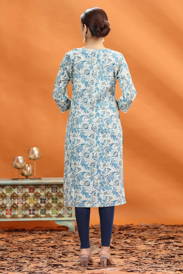 Off White & Blue Jaipuri Flex Cotton Printed Straight Kurta foe women and girls