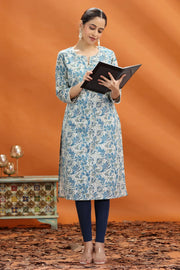Off White & Blue Jaipuri Flex Cotton Printed Straight Kurta foe women and girls