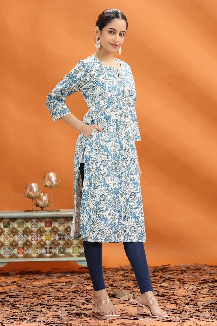 Off White & Blue Jaipuri Flex Cotton Printed Straight Kurta foe women and girls