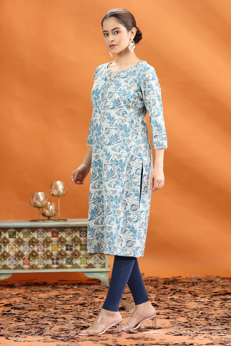 Off White & Blue Jaipuri Flex Cotton Printed Straight Kurta foe women and girls