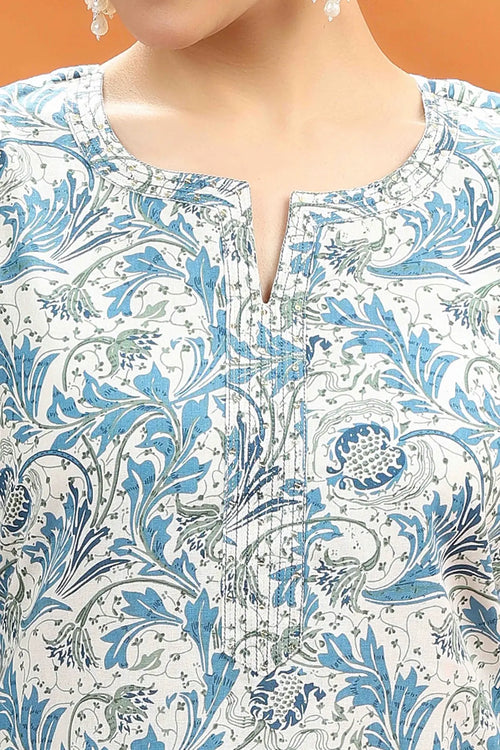 Off White & Blue Jaipuri Flex Cotton Printed Straight Kurta foe women and girls