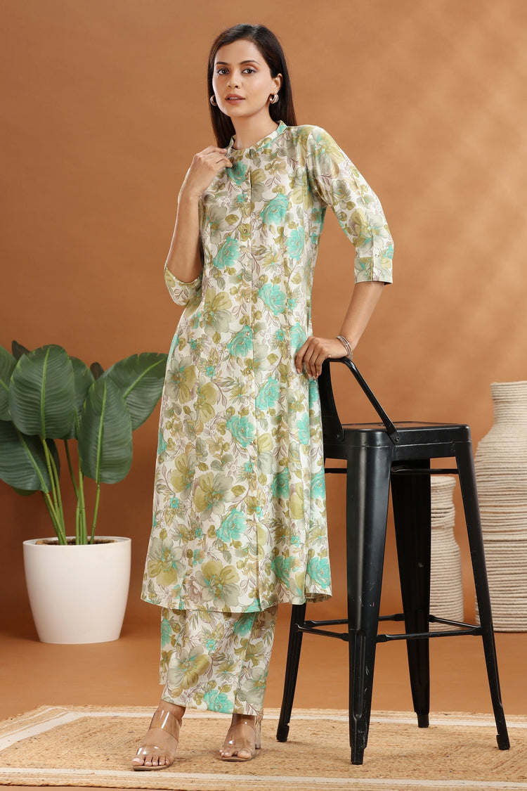 Off White & Green Jaipuri Cotton Floral Printed Straight Kurta and Pant Set