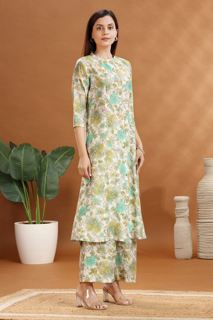 Off White & Green Jaipuri Cotton Floral Printed Straight Kurta and Pant Set