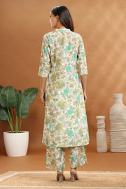 Off White & Green Jaipuri Cotton Floral Printed Straight Kurta and Pant Set