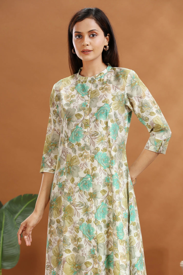 Off White & Green Jaipuri Cotton Floral Printed Straight Kurta and Pant Set