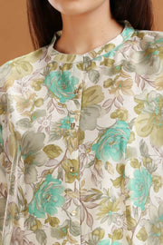 Off White & Green Jaipuri Cotton Floral Printed Straight Kurta and Pant Set