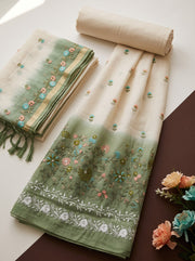 Off White & Green Mulmul Cotton Dress Material With Embroidery