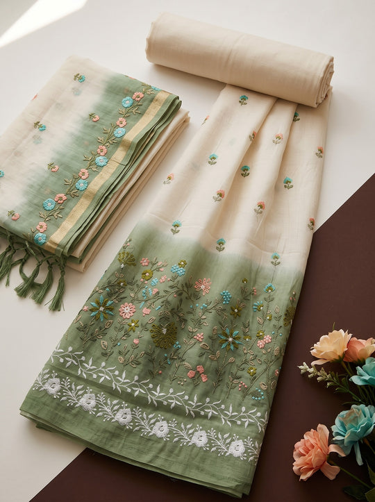 Off White & Green Mulmul Cotton Dress Material With Embroidery