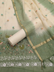 Off White & Green Mulmul Cotton Dress Material With Embroidery