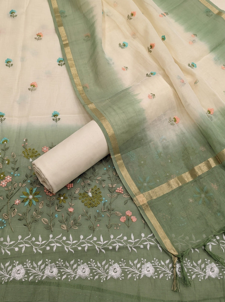 Off White & Green Mulmul Cotton Dress Material With Embroidery