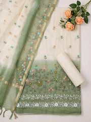 Off White & Green Mulmul Cotton Dress Material With Embroidery