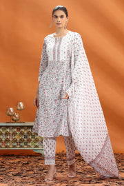 Off White & Grey Jaipuri Cotton Straight Printed Kurta Pant and Dupatta Set for women and girls