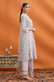 Off White & Grey Jaipuri Cotton Straight Printed Kurta Pant and Dupatta Set for women and girls