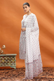 Off White & Grey Jaipuri Cotton Straight Printed Kurta Pant and Dupatta Set for women and girls