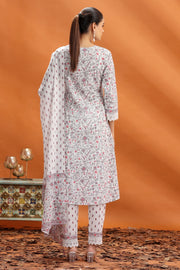 Off White & Grey Jaipuri Cotton Straight Printed Kurta Pant and Dupatta Set for women and girls