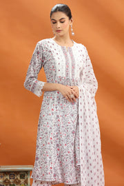 Off White & Grey Jaipuri Cotton Straight Printed Kurta Pant and Dupatta Set for women and girls